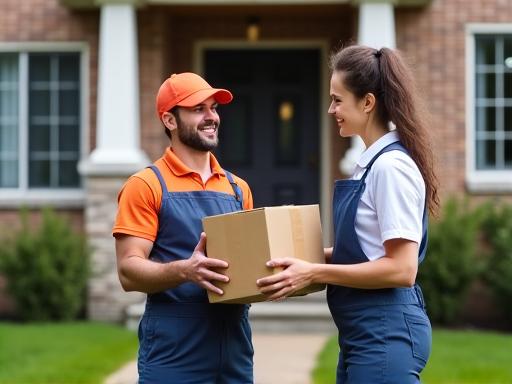 A friendly delivery driver handing a package to a smiling customer at their doorstep, representing last-mile delivery.