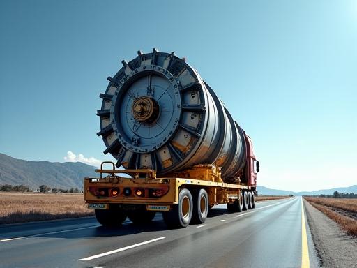 Large industrial component being transported on a specialized truck, demonstrating oversized freight service.