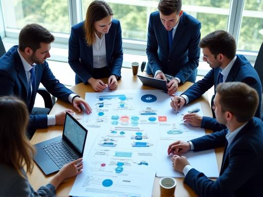 A dedicated team of logistics professionals collaboratively strategizing over a detailed supply chain diagram, showing consulting services.
