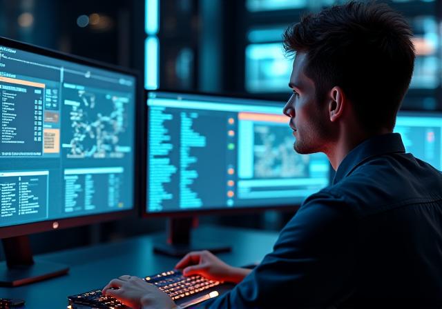 A focused logistics coordinator viewing an advanced shipment tracking dashboard on a large screen, displaying real-time data.